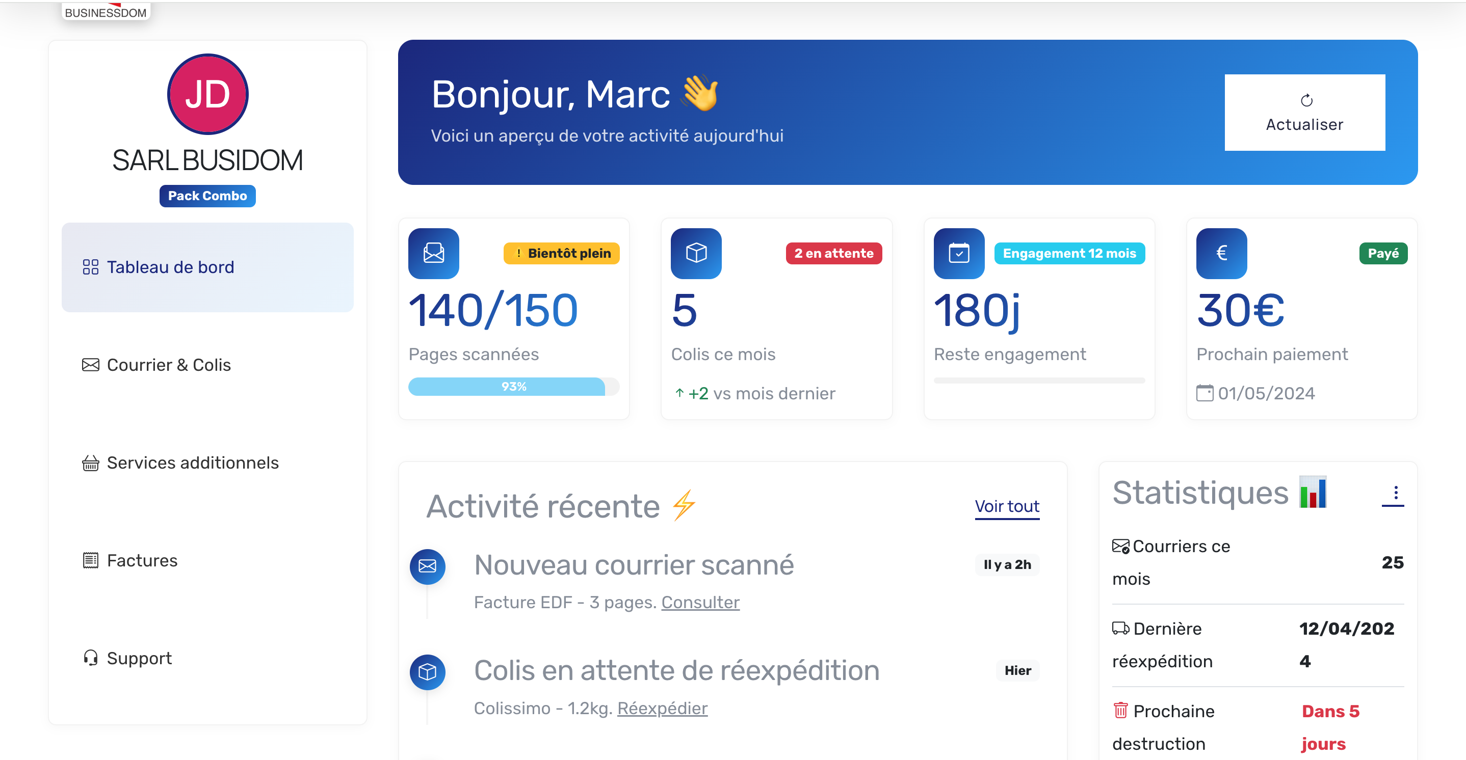 Dashboard Espace Client